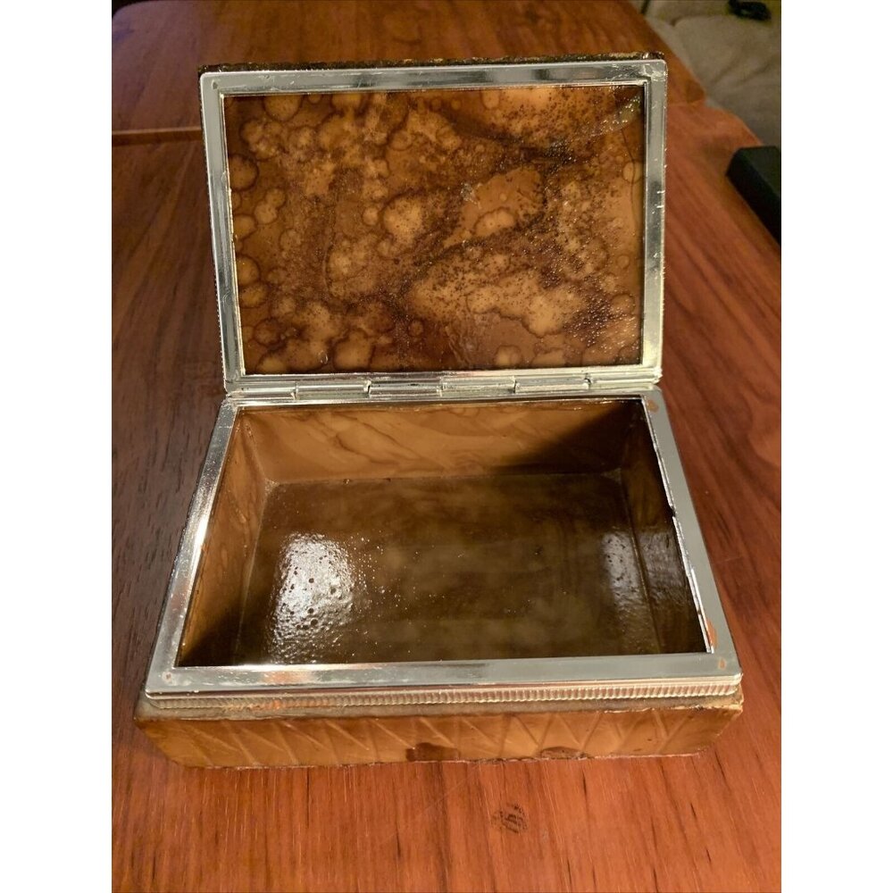 Vintage Italian Marble Tortoiseshell Look Hinged Box Silver-Tone Trim Jewelry Tr